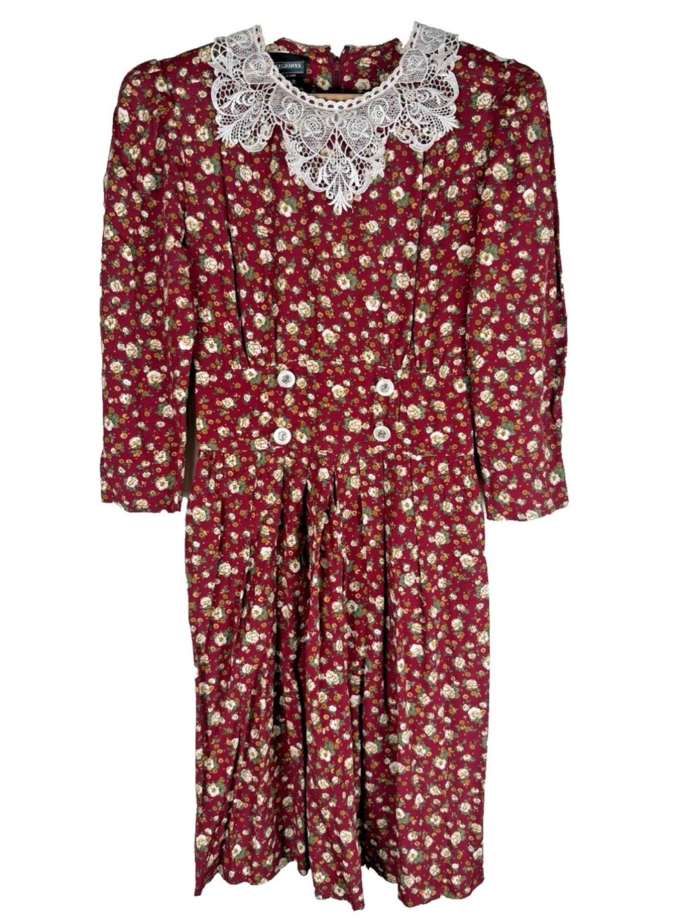 Vintage SL Fashions Dress Women's Size 8 Red Green Lace Floral Midi Cottagecore